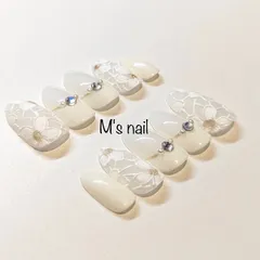 マットフラワーレースオーダーチップ　白無垢結婚式ブライダルネイルチップつけ爪