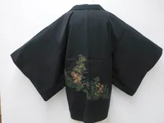 【一輝堂】【着物】黒羽織 絵羽柄 木々文 羽織紐付 身丈約81cm 裄丈約65cm 25z05-2736