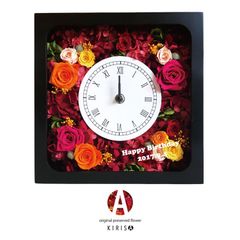 プリザーブドフラワー 時計 バラ 薔薇 結婚祝い 還暦 喜寿 米寿 古希 角型黒