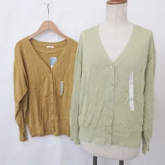 ジーユー GU カーディガン 2枚セット ニット 長袖 Vネック 緑 黄色 マスタード カラシ イエロー グリーン L