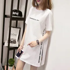 ☆ ホワイト ☆ Lサイズ ☆ サイドスリットロゴTシャツ ロング丈  Tシャツ 半袖 レディース ロング丈 ロゴTシャツ 半袖Tシャツ 半袖tシャツ tシャツ シャツ カットソー ロングシャツ レディースカットソー サイドスリット ロゴ ロング ベーシック