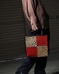 unborn calf leather handbag ハラコ レザー 本革 チーター柄 × レッド ステッチ デザイン ハンドバッグ
