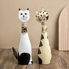 オブジェ 置物 二匹の猫 ねこ ネコ 木製 インテリア リビング ダイニング 玄関 寝室 装飾 オーナメント プレゼント ギフト オシャレ 2個セット 棚装飾