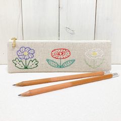 細型ペンケース【北欧3つの花】　刺し子・綿麻