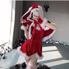 【新品】ケープ＆帽子付♥豪華サンタ　赤　セクシークリスマス　Christmas　ドレス　可愛い　誘惑　聖夜　プレゼント　イベント　撮影会　衣装　コスチューム　リボン　ふわふわ　パーティー　ルームウェア　サンタ帽子　ランジェリー　バレンタイン