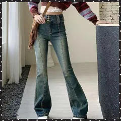 レトロ セミフレアデニムパンツレディース ジーパン ハイウエスト ヴィンテージパンツ 美脚脚長 ブーツカットデニム カジュアル 着やせ フロントラインロングパンツ おしゃれ ジーパン 細見えデニムパンツ ビンテージ デニム