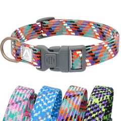 新品 犬 首輪 中型犬 ナイロン製 35-50cm対応 丈夫な編み込み 反射テープ付き 安全ロックバックル搭載 (オレンジ×パープル Orange M)