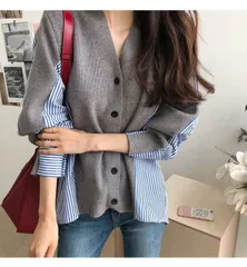 ドッキング ニット カーディガン トップス シャツ 袖あり 長袖 Vネック 襟なし ワイド 切り替えデザイン リブ 前開き リブニット 編み込み 異素材MIX かわいい 大人可愛い きれいめ カジュアル 大人 上品 おしゃれ 大人女子 こなれ感 モード系 主役