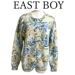 イーストボーイ 美品 レディース ニットカーディガン ウールブレンド 洗える ふんわりニット イエロー 青 レトロ花柄 Mサイズ 上品 きれいめ 大人可愛い おしゃれ 軽やか 涼しい 羽織り 春夏秋 デイリー カジュアル 普段使い お出かけ 人気 ブランド