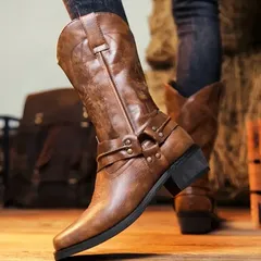 ブーツ ウエスタンブーツ スクエアトゥ 刺繍 チャンキーヒール スリッポン ユニセックス ローヒール 騎士ブーツ 冬靴 春秋 柔らか ノンスリップ 復古 カウボーイ レトロ 厚底 防水 カット ハイカット メンズ おしゃれ 冬 防滑 ロック系 茶色