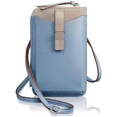 【新品】 [アンコール] スマホ ショルダー 【超軽量130ｇ バイカラー】 スマホポーチ ショルダーバッグ スマホポシェット 軽量 レザー レディース ポーチ エコレザー 斜め掛け 縦型 Ｌ字型スリム 薄い (ブルー×ライトグレー) 0