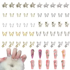 【数量限定】ネイルパーツ 蝶々 星 約50個入り 3D 立体 蝶 スター キラキラ ネイルストーン メタルパーツ ネイルアート デコパーツ ハンドメイド ジュエリーパーツ ゴールド シルバー(蝶+星)