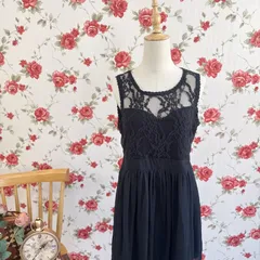 ブラック レース切替 シフォンワンピース  ノースリーブ ミニ丈 フレアドレス ヴィンテージ パーティー フォーマル レディース ブラックドレス バックレースデザイン