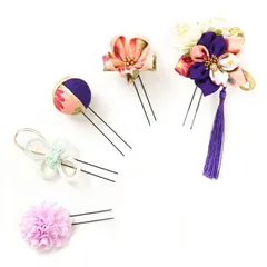 髪飾り ５点セット 紫 ピンク 成人式 花 つまみ細工 ちりめん 水引 和風 結婚式 浴衣 七五三 卒業式 入学式 ヘアアクセサリー 髪留め 日本製 送料無料 バレンタイン クリスマス 誕生日 ムラサキ W 48 323-266 u767　Si