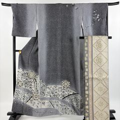 訪問着 身丈160cm 裄丈67.5cm L 袷 袋帯セット 鈴乃屋 華文 草花 刺繍 金糸 灰色 正絹 美品 名品 【中古】