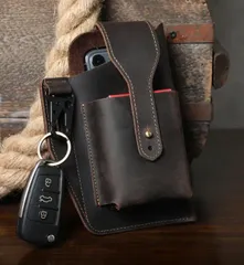 ポーチ  キーリング スマホポーチ フック 牛革 レザー ベルト通し 作業 ウエストポーチ スマートフォンポーチ メンズ 男 ベルト 革 カラビナ フック レザー 軽量 大きめ 作業用 スリム 大容量 ベルト通し 黒 ブラック 茶色 ブラウン