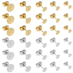 【フォロー割】3mm 5サイズ 4mm 2色100ペア 5mm シルバー 6mm ゴールド 8mm パーツ 平皿 ピアス 台座付き 丸皿 キャッチ付きピアス 約200個セット 芯付ピアス金具 サムコス