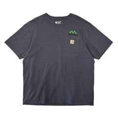 Lサイズ USA古着 Carhartt 一点物 企業ロゴ 刺繍 Tシャツ ポケット ワンポイント LOOSE FIT フェード ネイビー グレー