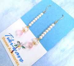 ハワイアンピアス  ライトピンク クリスタルボール &ホワイトパール A-235