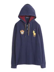 【お得なクーポン配布中!】 ビックポニー ポロ ラルフローレン フード付き 鹿の子 フード パーカー メンズ L 古着 長袖シャツ ポロシャツ プルオーバー コットン 濃紺