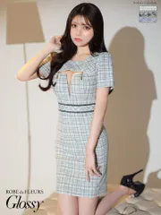 ホワイト [GL3518-BL-2312]【ROBE de FLEURS Glossy/ローブ・ド・フルール グロッシー】半袖/ 袖付き/ ツイードニット/ フロントジッパー/ タイト/ ミニドレス/ キャバドレス ナイトドレス