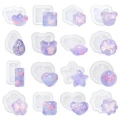 【特売】サムコス シリコンモールド 16個セット 穴あき ハート 丸 正方形 ソフトモールド エポキシ樹脂 UVレジン DIY ピアス ネックレス ペンダント キーホルダー 樹脂工芸品 アクセサリー 作成 抜き型 再利用可能 (J)