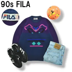 90s ヴィンテージ フィラ FILA ウール ニット セーター M 総柄 ネイビー x パープル レトロ デザイン スポーツ メンズ