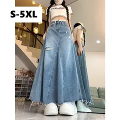 デニムスカート レディース スカート デニム ロングスカート デニム ボトムス フレアスカート ロング丈 春 夏 秋 大きいサイズ ハイウエスト Aライン ハイウエスト フレア ダメージ加工 体型カバー オールシーズン LKFA024(S-5XL)