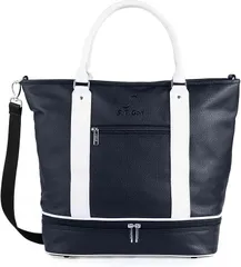 S.T.Golf ゴルフ トートバッグ メンズ 高級PUレザー 大容量 シューズ収納可 3WAY 型押しロゴ ショルダーストラップ付属 防水(ネイビーxホワイト)