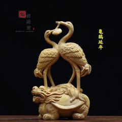【修縁堂】極上品 木彫り 長寿置物 亀鶴延年 鶴と亀 精密彫刻 柘植材