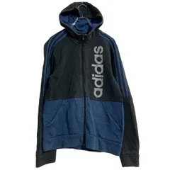 adidas ロゴスウェット パーカー S ブラック ブルー アディダス ジップアップ 裏起毛 古着卸 アメリカ仕入 a701-6458