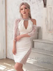 ホワイト[GMS-V651-W-2106]【GLAMOROUS ANDY Fashion Press 05 COLLECTION 04】ワンカラー/ 七分袖/ レース/ タイト/ ミニドレス / キャバドレス