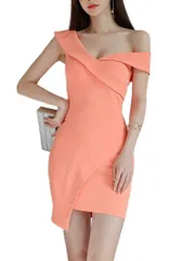 [ISLAYCAOLILA] キャバドレス ミニドレス クラブドレス パーティードレス ワンピース タイト ミニ ワンショルダー カシュクール オフショルダー ノースリーブ ボディコン レディース CK5 アンヌ (M, オレンジ)