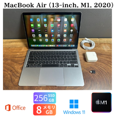 「美品」MacBook Air (13-inch, M1, 2020) /M1 8コア/8GB/SSD256GB/Windows11/office2024/バッテリー89%/CJ435