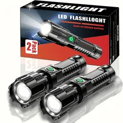 懐中電灯 LED 小型 強力 ズーム機能 フラッシュライト 充電式 ハンディライト 4モード調光 懐中ライト 停電対策 防災グッズ 地震 避難対策 緊急用 アウトドア 軽量 キャンプ 登山 探検 夜釣り 夜間訓練 作業灯 非常用照明 2個入り