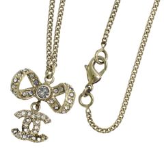 本物 シャネル CHANEL ココマーク リボン モチーフ ラインストーン ネックレス ペンダント GP ゴールド メッキ アクセサリー ジュエリー 中古 【フォロー割】