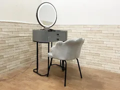 ●LEDライト付きドレッサー3点セット デスク＆チェア 化粧台 引き出し付き グレー インテリア シンプルモダン オシャレ B (畑1058)