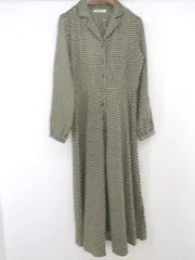 ◇ And Search 総柄 オープンカラー 長袖 膝下丈 ワンピース サイズM グリーン ホワイト系 マルチ レディース P  【中古】 【1209270003233】