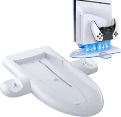 ISTATSO PS5/PS5 Slim 用充電スタンド クーリング機能付き 縦置き 冷却ファン コントローラー 2台同時充電可能 過充電防止 ホワイト