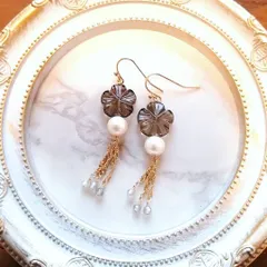 m007 天然石 k14gf スモーキークォーツ あこや真珠　秋色お花ピアス