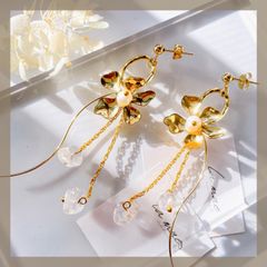 《304ステンレスポスト 24KGP本金メッキ》 小ぶり メタルフラワー お花 ニュアンスメタル サークル ピアス 天然淡水パール 天然石 クリア クォーツ クリスタル チェーン ワイヤー ハンドメイドピアス アレルギー対応《イヤリング変更可能》