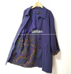 Leilian レリアン ロングコート ステンカラーコート オーバーサイズ 丸襟 ドロップショルダー 裏地スカーフ柄 ウール×ナイロン パープル 11 レディース 美品 中古 古着