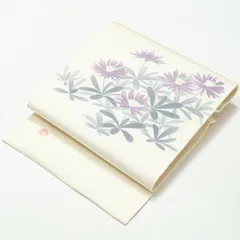 【未使用品】名古屋帯 塩瀬 友禅 刺繍 花文 藤色 白 作家物 落款有り 正絹 九寸