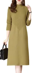 newNE ニューネニットワンピース レディース ケーブル編み ミディ丈 無地 シンプル エレガント 通勤 秋 冬 大きいサイズ ゆったり 長袖 ハイネック 体型カバー 厚手 タートルネック リブニット 4A-W18-YEL(イエロー,  L)