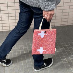 トートバッグ 花柄 赤色 スナップボタン 内ポケット 裏地付き ハンドメイド