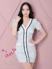 ネイビー AOC-3502 [AOC3502-BL-2306]【an/アン】ストレッチ/ ミックスツイード/ フロントボタン/ 半袖/ 袖あり/ タイト/ ミニドレス/ キャバドレス/ キャバ　ワンピース[OF05] [AOC3502-BL-2306]