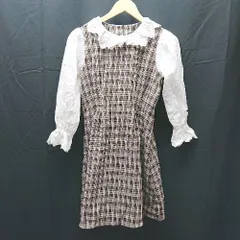 ◇ MAJESTIC LEGON フリル カラー 襟 スリーブ 袖 チェック柄 長袖 ミドル ワンピース Mサイズ ブラウン レディース E  【1303290014030】