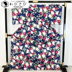 夏着物 浴衣 椿の花模様 瑠璃色 K-5039