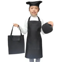 01.ブラック_C. 靑少年用140-160(着丈:約65cm) [RUSUNM] 子供エプロン ４点セット キッズエプロン 三角巾 便利な収納バッグ付き 男女兼用 着脱簡単 サイズ調節 おしゃれ(01.ブラック, C. 靑少年用140-160(着丈:約65c
