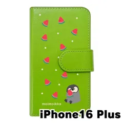 【新品未使用】iPhone16 Plus アイフォン16プラス スマホケース 手帳型 (色：グリーン×柄：ペンギンとスイカ)moimoikka ペンギン 動物 flip2-ip16plus-gr-20139